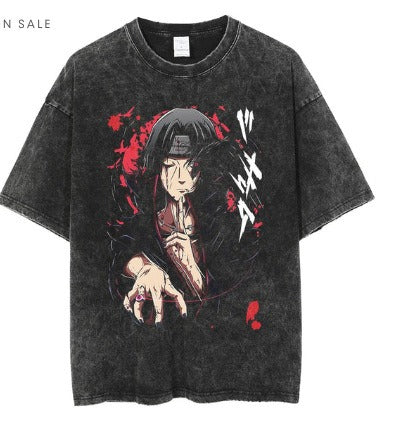 Anime cartoon wash and distressed men's short sleeved short T